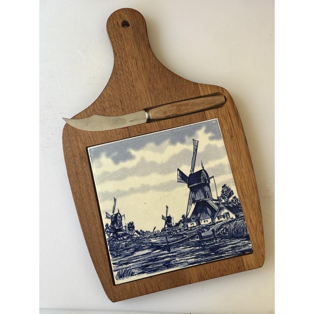 Vintage Paris Theme Cheese Board Holland Made Blue Delft and White Tile Cutting